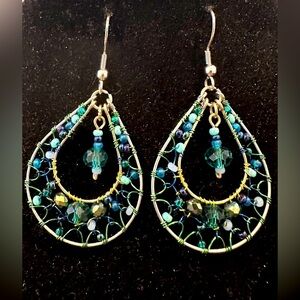 Teardrop Shaped Silver Beaded Earrings in Shades of Blue w/Fish Hook Backs NEW